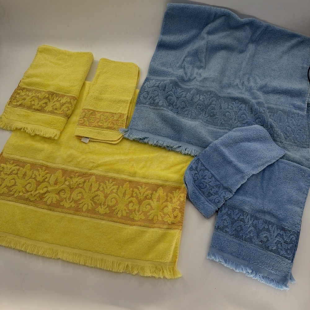 Vtg 70s Sears Yellow& Blue Fringe Bath Towel Retro MCM Damask Cotton 6 Pieces